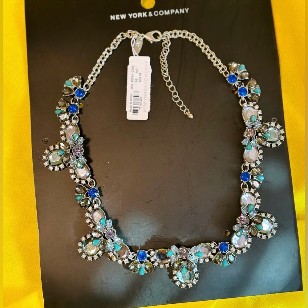 New York & Company Blue Statement Necklace Crystal Teardrop and Gemstone Design